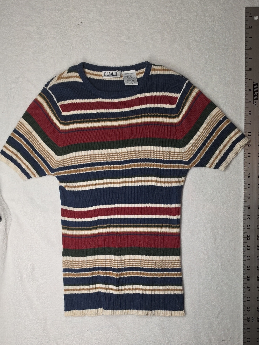 Capacity Striped Short-Sleeve Crewneck Sweater - Navy, Red, Green, Cream